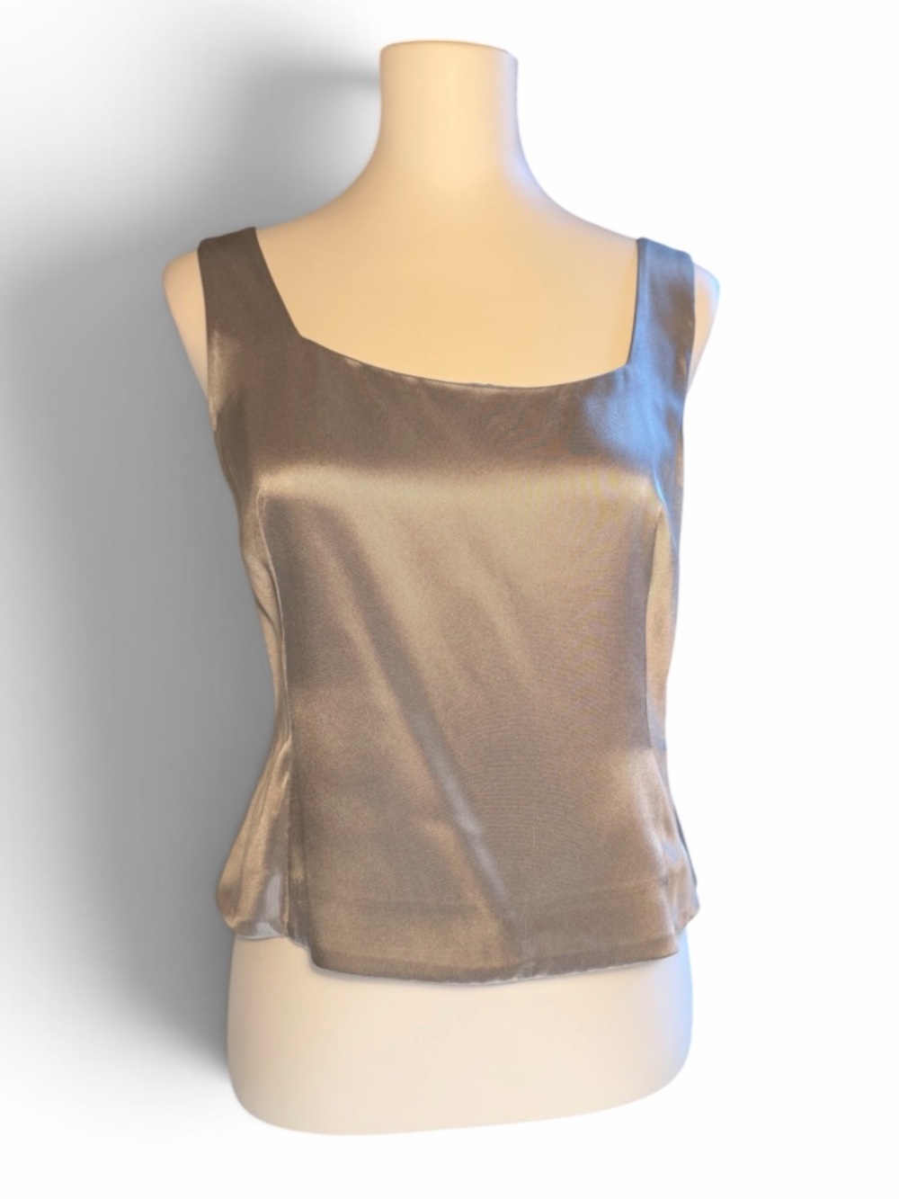 Akris 100% Silk Sleeveless Shell Top Silver Square Neck Side Zip Size US 8